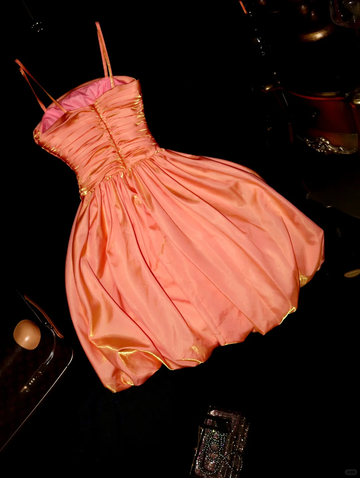 Cute A Line Spaghetti Strap Pleated Orange Satin Short Homecoming Dress Cocktail Dress HZ1023